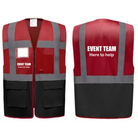 Event Team Here To Help Two Tone Zipped Hi Vis Vest High Visibility Safety Waistcoat Pockets Reflective Bands Event Staff, 13 Colour Options Brook Hi Vis (Red/Black, 3XL)
