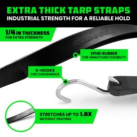 Rhino USA Rubber Bungee Cords Heavy Duty Outdoor with Adjustable Hooks (12-Pack) Assorted Weatherproof Straps with S Hooks for Tarps, Cargo, Motorcycle, Truck and More (185lbs Load Capacity)