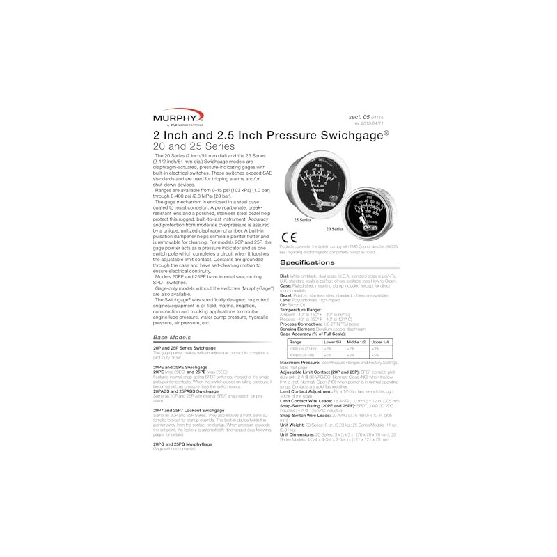 Murphy by Enovation Controls 20P7-100, 2" Pressure Swichgage w/Lockout, 0-100
