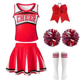 WonderPapa Cheerleader for Girls Cheerleading Outfit With Pom Poms Leader Outfit (5-6 Years,Red)