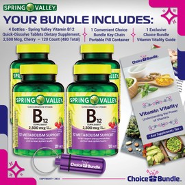 Spring Valley Vitamin B12 Quick Dissolve Tablets 2500 Mcg B Vitamins Complex 120 Ct 4 pk (480 Total) + Vitamin Vitality & Pill Container (6 Items)!