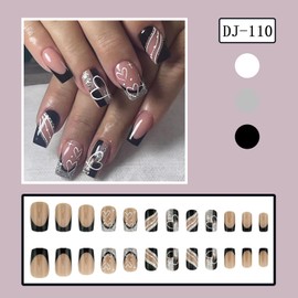 24Pcs Valentine's Short Press on Nails Black Glitter Fake Nails Square French Tip False Nails with Heart Design Acrylic Nails Valentine's Glue on Nails Glossy Short Artificial Stick on Nails for Women