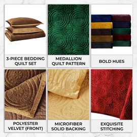 Tribeca Living Oversized Velvet Quilt Set King - Buttery Soft 260GSM Velvet Bedding for Luxurious Comfort - Double-Sided Capri Medallion Quilted Design in Rich Indigo