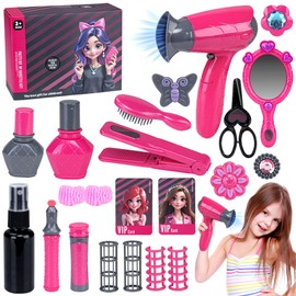 Hair Salon Toys for Girls, Kids Beauty Salon Pretend Play Set with Mirror, Toy Hairdryer, Styling Tools, Toddler Pretend Makeup & Hair Styling Playset