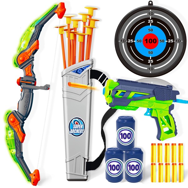 Doloowee Bow and Arrow Set Toy with LED Lights, Set Includes 1 Bow,1 Quiver, 10 Suction Cups Arrows Target, Indoor and Outdoor Game for 3 4 5 6 7 8-12 Years Old Boys Girls Toys