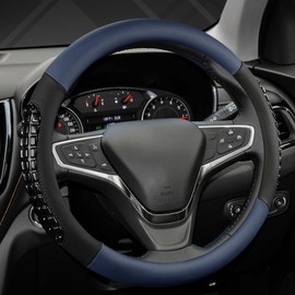 West Llama Nappa Leather Car Steering Wheel Cover Gel Massage,Cool in Summer,Universal 15 inch(Blue+Black-Standard Size)