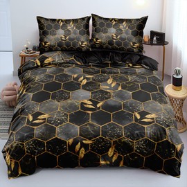 Bed Linen Black Gold 135 x 200 cm Grey Marble Checked 3D Effect Reversible Marbled Bed Linen Set Leaves Aesthetic Microfibre Luxury Modern Printed Duvet Cover 135 x 200 cm Single Bed with Zip