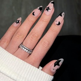 Almond Star Press on Nails Medium Fake Nails Glossy Nude Glue on Nails for Women Full Cover Black Stars False Nails with Designs Small Rhinestone Acrylic Nails Almond Shape Static Nails for Finger