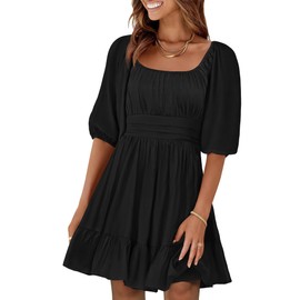 ANRABESS Women Summer Casual Short Lantern Sleeve Square Neck A-Line Flowy Boho Mini Dress 2025 Trendy Beach Travel Clothes Black Small