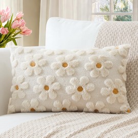OTOSTAR Flowers Throw Pillow Cover Set of 1 Spring Summer Cushion Cover for Sofa 12x20 Inch Lumbar Soft Plush Short Wool Velvet Pillowcase Seasonal Holiday Decor Cream Beige