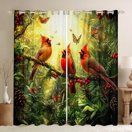 Cardinal Bird Curtains Red Cardinals Pattern 42"Wx63"L 2 Panels Curtains & Drapes,Tree Branches Blackout Curtains for Kids Boys Bedroom Decor,Birds Woodland Animals Window Treatments,Green