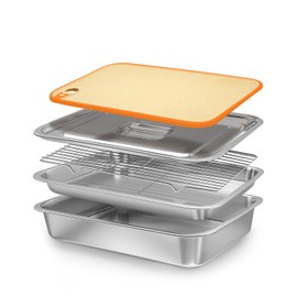 Matchwaves Grilling Prep and Serve Trays with Lid, Stainless Steel Extra Large Grill Carry System, Deep Marinating Container with Cutting Board for BBQ Outdoor Grilling