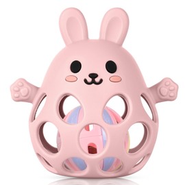 HOTUT Silikon Babyrassel Kaninchen, BPA-frei Spielzeug-Silikon Baby Ball Beißring, Weich Greifball für Babys, Baby Rassel Beißring Spielzeug für Neugeborene Kleinkinder (Hell-Pink)