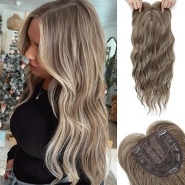 Seykiki Hair Topper 20Inch Hair Toppers For Women with Thinning Hair 6.5''x6.5'' Long Curly Synthetic Toppers Hair Pieces for Women Fiber Wiglets Ladies(Light Brown With Grey Highlights)