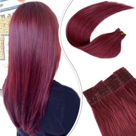 Remy Tape in Human Hair Extensions - Wine Red, 18 inch, 20pcs, 40g, Double Sided Adhesive Tape, Seamless Skin Weft, Full Head