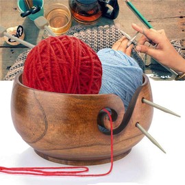 RoseFlower Wooden Yarn Bowl, Multifunctional Portable Handmade Yarn Storage Bowl with Carved and Drilled Holes for Knitting Crochet for Home and Sewing Fans 16 x 7 cm