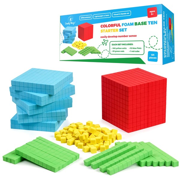 Simply Magic 131 PCS Foam Base Ten Blocks for Math - Place Value Blocks, Base 10 Math Manipulatives K-3, Math Counters, Number Blocks, Math Cubes, Kids Counting Blocks, Kindergarten 1st 2nd 3rd Grade