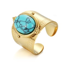 LUREME Vintage Wide Band Ring for Women - Golden Stainless Steel Ring with Oval Turquoise & White Stones, Boho Style, Durable & Hypoallergenic (rg002051-1)