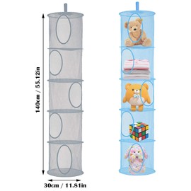2 PCS 5 Tier Hanging Mesh Storage Net, Foldable Save Space Hanging Soft Toy Baskets Organiser for Bedroom Bathroom Teddy Bear Toy Clothes Sundries Storage (Grey, Blue)