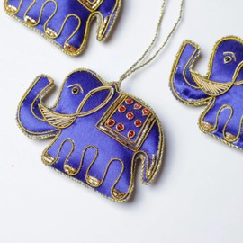 Desi Favors Blue Elephant Ornament, Christmas Tree Hanging Decorations, Silk & Zari Embroidery Holiday Ornament, Custom Animal Christmas Ornament, Christmas Baubles - 3.5x2.5Inch (Pack of 1)