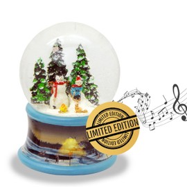 Snow Globe Snowman Standing Next to Child on Sleigh Base Winter Landscape Medium Blue Music Box Silent Night Holy Night Christmas Decoration W 10 cm H 14 cm 20200