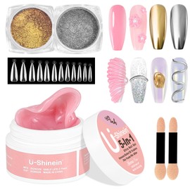 U-Shinein Solid Builder Nail Gel Set: 5-in-1 Pink Extension 3D Sculpting Nail Gel with Chrome Nail Powder for Art Carving Modeling,Builder,and Nail Extension UV/Led Manicure DIY
