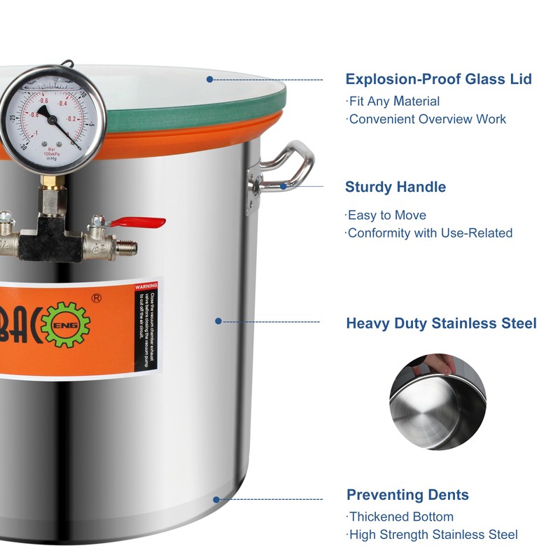 BACOENG 5 Gallon Tempered Glass Lid Stainless Steel Vacuum Chamber