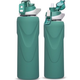 DEARRAY 1l Sport Trinkflasche Glas Flasche mit Strohhalm 1 liter auslaufsicher bpa frei Gym Wasserflasche mit Silikonhülle für Smoothie, Früchte Kohlensäure geeignet (Tiefgrün)