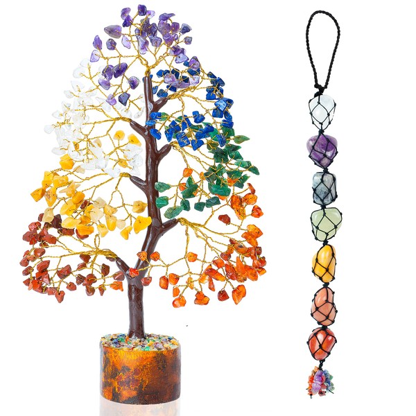 FASHIONZAADI Seven Chakra Gemstone Tree with Tumbled Stone, Car Hanging Window Ornament, Reiki Healing Crystal Tree, Feng Shui, Handmade Crystals House Decor, Best Gift Set (Golden Wire Tree)