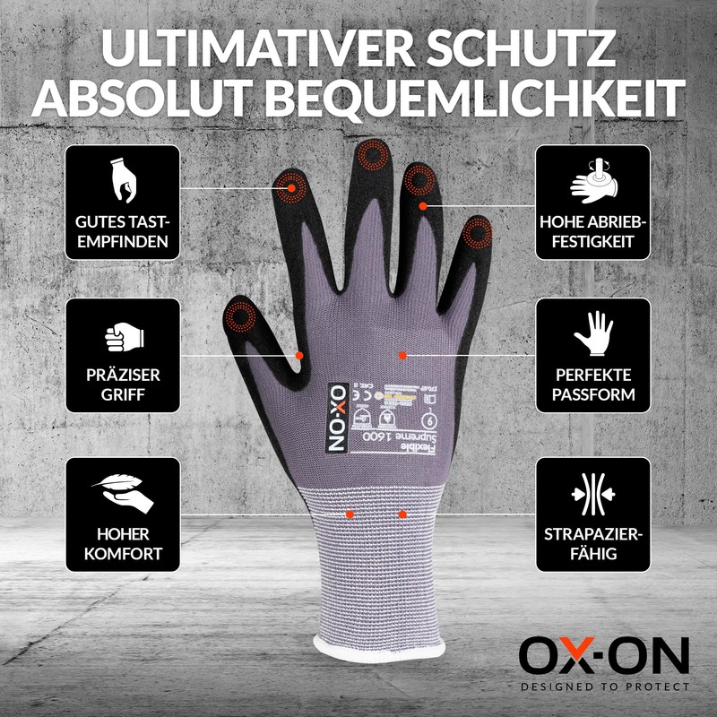 OX-ON Flexible Supreme 1600 Work Gloves Grey, Extremely Durable Safety