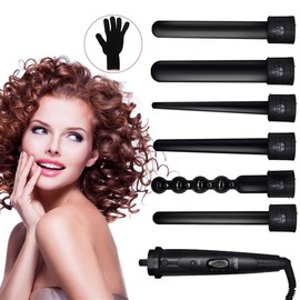 6 in 1 Curling Iron Wand Set with 6 Interchangeable Ceramic Barrels and Heat Protective Glove (Black-6in1) (Black-6)