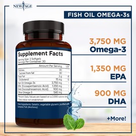 Triple Strength Omega 3 Fish Oil 3750 mg - EPA & DHA - Over 3000mg Omega-3 Fatty Acids - 1350mg EPA + 900mg DHA - Best Essential Fatty Acids, Burpless Fish Oil - 180 Count