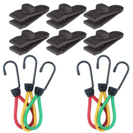 GTIWUNG 6PCS Tarp Clips Tarpaulin Holder Heavy Duty Lock Grip Tent Accessories + 6PCS Bungee Cord with Opening Hooks 15cm, Elastic Strap with Spiral Hook, for Awnings, Outdoor Camping, Car Covers
