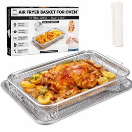 Air Fryer Basket for Oven, OvenCrisp 15.6" x 11.6" Large Tray and Pan Set with 30 Parchment Liners, Stainless Steel Crisper Basket for Baking and Roasting