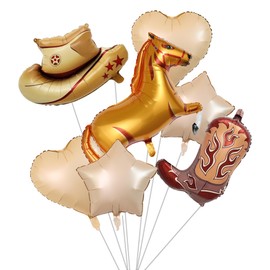 Ysqool 7-Pack Western Cowboy Party Balloons, Cowboy Hat, Boot, and Horse Foil Balloons for Western Theme Birthday, Rodeo Party, Bachelorette, and Wedding Decorations (Brown)