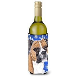 Caroline's Treasures SC9390LITERK Boxer Winter Snowflakes Holiday Wine Bottle Hugger Bottle Cooler Sleeve Hugger Machine Washable Collapsible Insulator Beverage Insulated Holder