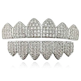 OOCC Diamond Grills Shiny Hip Hop Teeth Grillz Caps Iced Out CZ Top and Bottom Vampire Fangs Grillz for Men and Women - for photo video shoots, clubbing