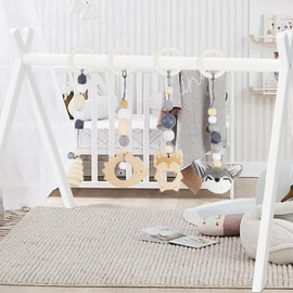 Play Arch Baby Toy from 0 Months 4 Pieces Play Arch Baby Toys Play Arches Baby Gym Pendant Wooden for Girls Boys Baby Toy for Baby Seat Pram Car Seat Toy (Grey)