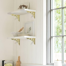 Khtumeware Polished Brass Shelf Bracket 6 Inch, Decorative Brackets for Shelving, Heavy Duty Bright gold Ornate Shelf Bracket, Hardware Included, 2 Pack, 5.9x4.2x1.73 inch