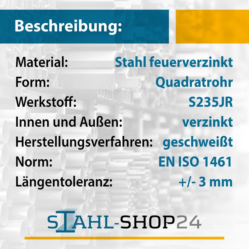 Stahl-Shop24 - Steel Square Tube, Galvanised, Hollow Profile, Welded, Hot-Dip