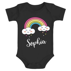 SpecialMe® Baby Bodysuit with Name Print Motif Rainbow Cloud Heart Short Sleeve Organic Cotton, Rainbow Black