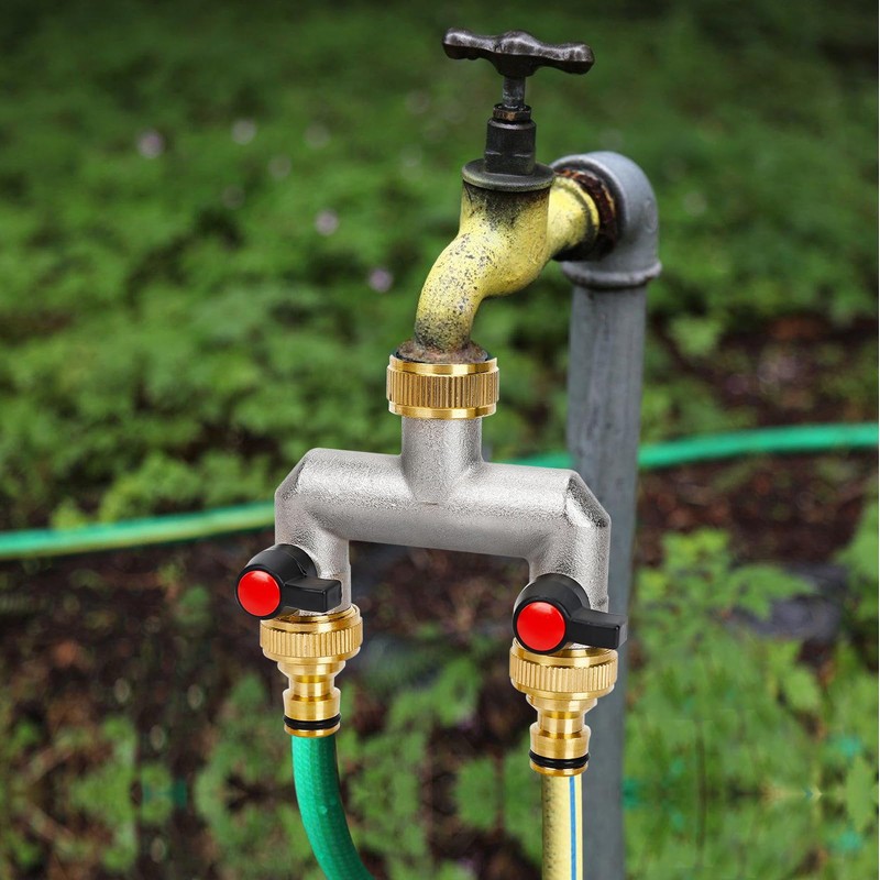 2 Wege Wasseranschluss Verteiler Hahnverbinder, Garten Wasserhahn Wasserverteiler aus Messing,