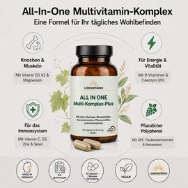 Multivitamin Complex Plus All-in-One, the unique quality blend of the German brand LEBENSSTÄRKE. High-quality multivitamin complex with many vitamins, minerals and plant substances