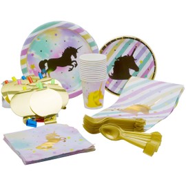 Gold Unicorn Theme Party Pack - Disposable Paper Plates, Cups, Napkins, Forks, Spoons, Gift Bags and Party Blowers - Serves 10