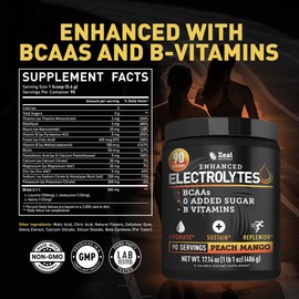 Zeal Electrolyte Powder - 90 Servings | Keto Electrolytes Powder | Zero Sugar, BCAAs, B-Vitamins | Potassium, Zinc, Magnesium | Hydration Powder Recovery Drink | Peach Mango