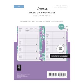 Filofax Calendar Diary Refill, A5 Size, Week-to-View, Illustrated Floral Diary Pack with Four-Color Print Design, Multilingual: Five Languages, 2025 (C6351-25)