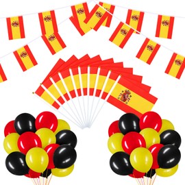 BBTO Spanish Flag Set with Flag Bunting 10 Pcs Hand Held Small Flags 30 Pcs Party Balloons Banner Set for Spanish Day Send off Party Patriotic Theme Party Decoration