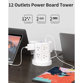 Power Board Surge Protected with 12 Widely Outlets, Powerboard with 2 USB C & 2 USB A, 1050J Surge Protector, 1.5 M Extension Cord, Power Board Tower for Home, Office, School, SAA Certified