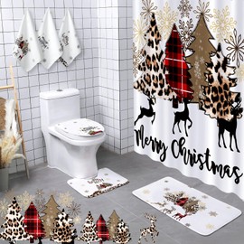 Newwiee 7 Pcs Christmas Shower Curtain Sets Waterproof Watercolor Toilet Lid Cover and Non-Slip U Shape Bath Mat and Towel Christmas Bathroom Sets for Bathroom Accessories(Deer)