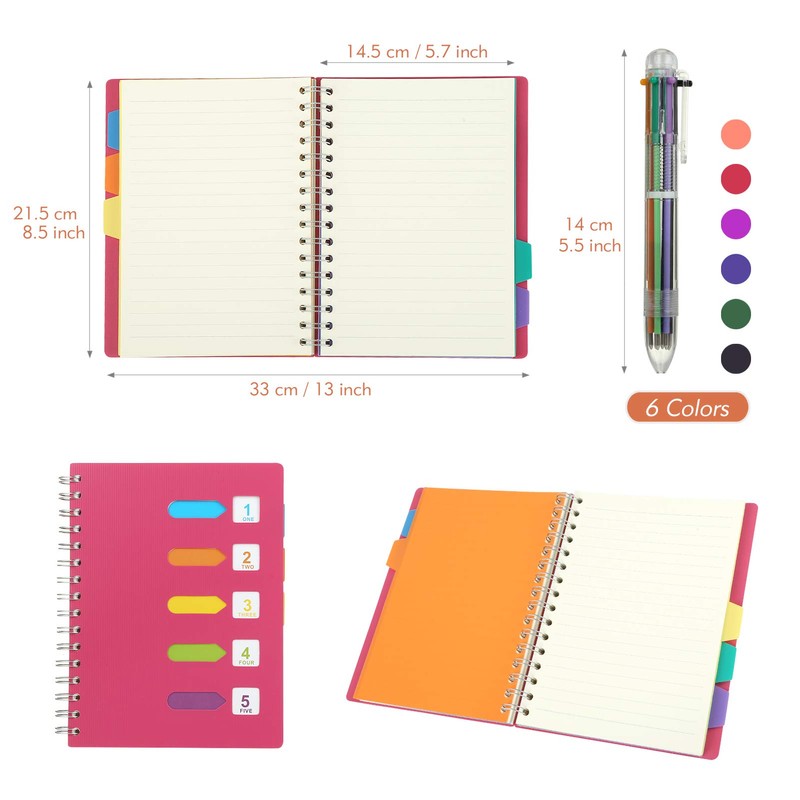 Kesote A5 Cuaderno con Pestañas Divisorias y Bolígrafo de 6
